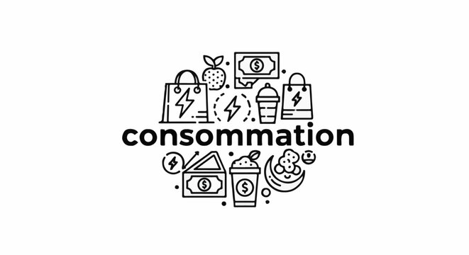 Circle of icons depicts shopping bags, fruit, money, drinks, and lightning bolts, with "consommation" text