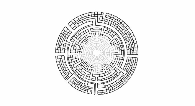 Circular maze with black outlines and a gradient of gray within the paths