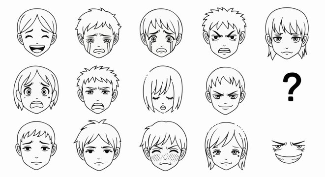 Collection of anime-style facial expressions and a question mark
