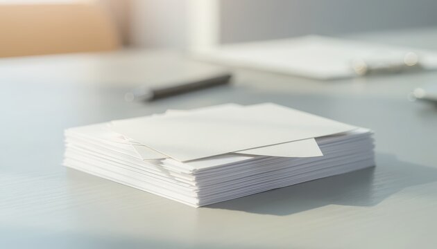 A stack of white envelopes on a gray desk in an office setting with a pen