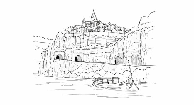 Cliffside town with tunnels and a boat on the water