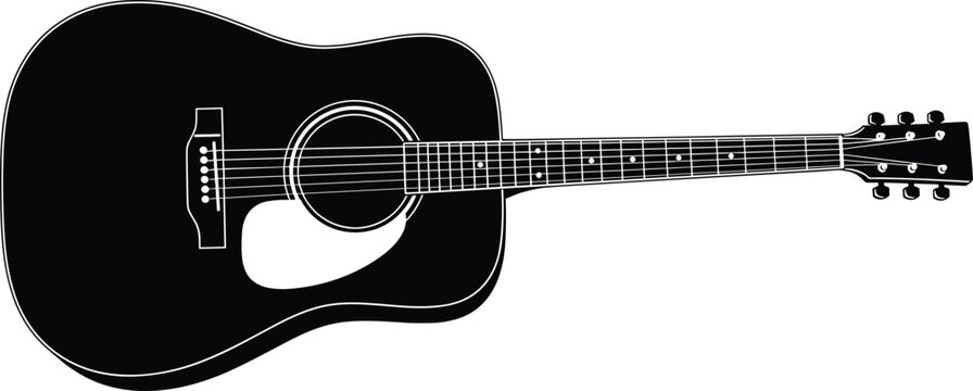 Acoustic guitar silhouette vector illustration, musical instrument design, classic string instrument icon isolated on white background, black graphic style