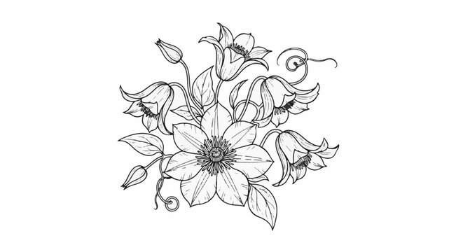 Delicate black and white illustration of blooming clematis flowers and buds