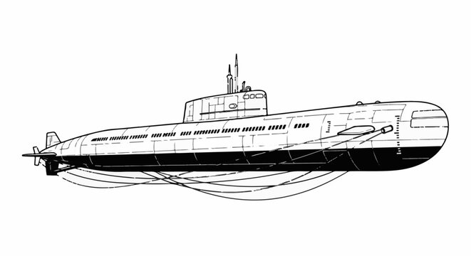 Detailed illustration of a submarine with a conning tower, antennae, and various hatches