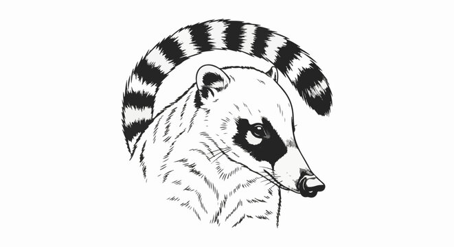 Detailed black and white drawing of a coati with distinctive masked face and striped tail