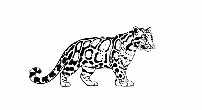 Detailed black and white illustration of a clouded leopard in profile