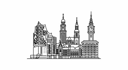 Obraz premium Detailed line art illustration of a city skyline featuring prominent buildings and spires