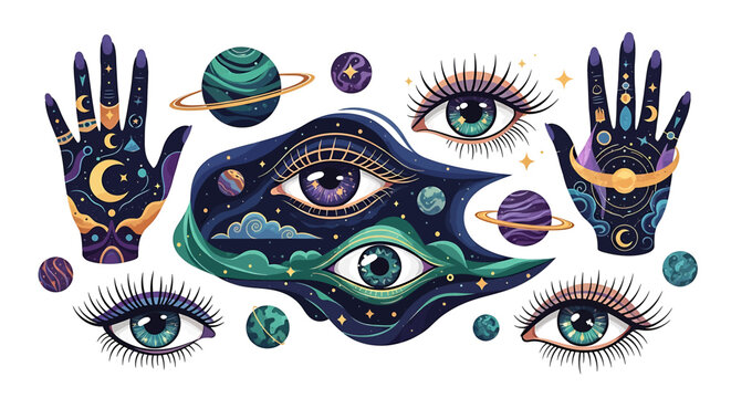 Eyes and hands with celestial designs.