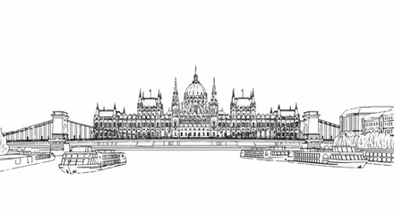 Fototapeta premium Detailed pen-and-ink sketch of a grand governmental building with a bridge and riverboats
