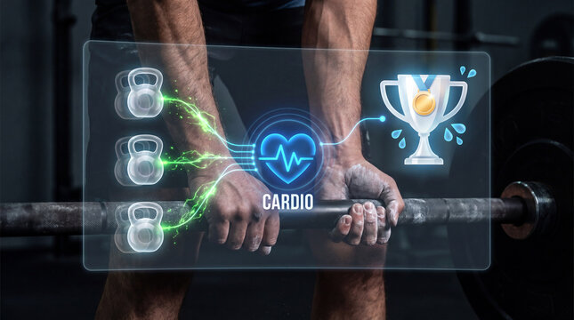 Muscular man gripping barbell in dark gym with futuristic digital overlay. Holographic cardio fitness tracker concept with heart and trophy icons. Virtual health monitoring and strength training