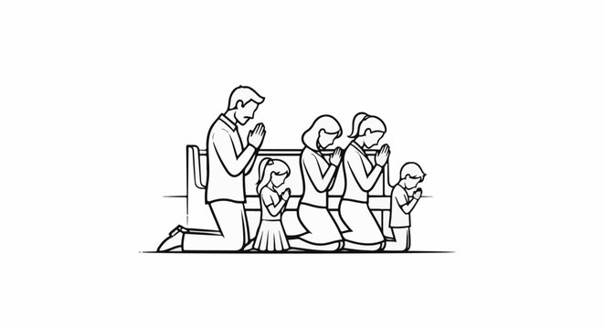 Family praying together in a line, bowing heads, hands together