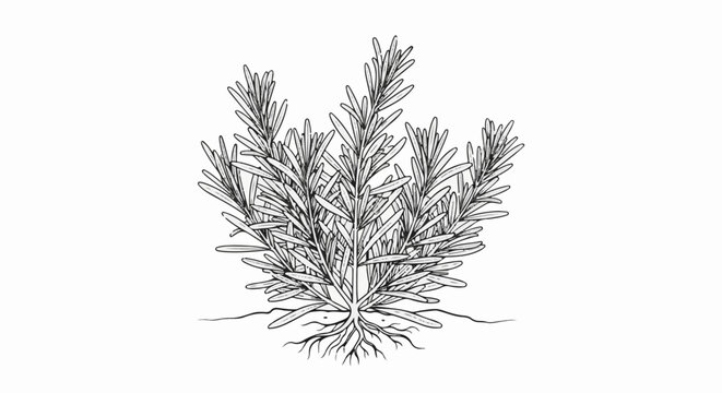 Detailed line drawing of a healthy rosemary plant with prominent roots
