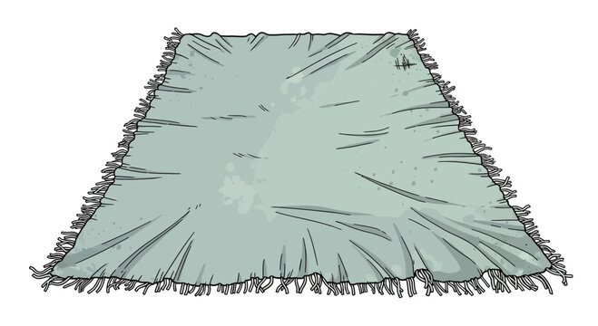 Flat lay of a light blue blanket with fringes on white background, top view