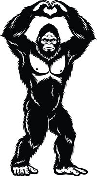 Gorilla mascot vector illustration forming heart shape with hands, strong ape character design, wildlife animal graphic isolated on white background