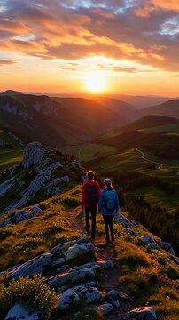 Couple hiking on a mountain ridge at sunset with a breathtaking valley view