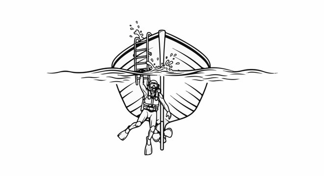 Diver ascends a ladder from underwater to a boat, water splashes
