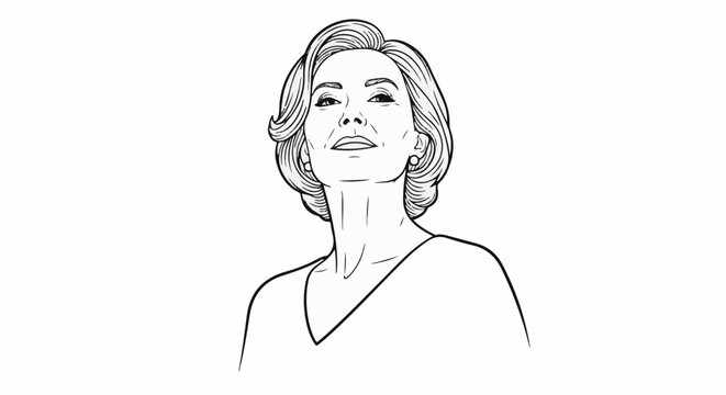 Elegant woman with styled hair and pearls, looking upwards