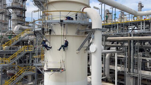 Aerial high angle shot of technicians repairing a plant in an oil or chemical refinery. Industrial rope access workers descending to grind and repair a turbine. Working at height. Rappelling, Abseilin