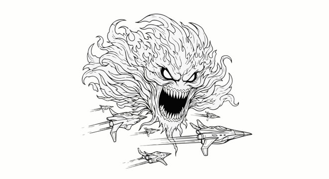 Fiery monster with sharp teeth attacks fighter jets in aerial battle