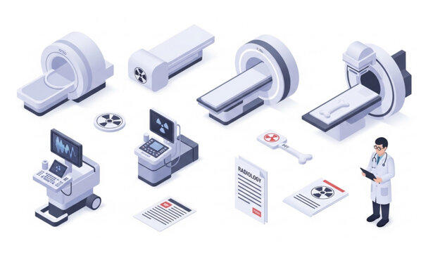 Isometric radiology hospital equipment icon set with MRI, CT scanner, PET scan and ultrasound devices in modern 3D medical style