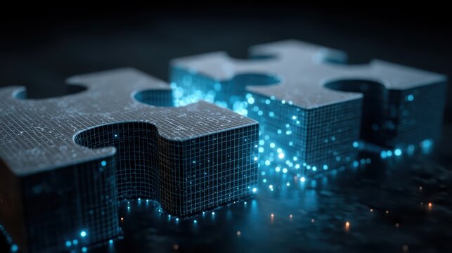 Two glowing digital puzzle pieces appear connected, symbolizing technology, data, and integration in a dark, futuristic setting.