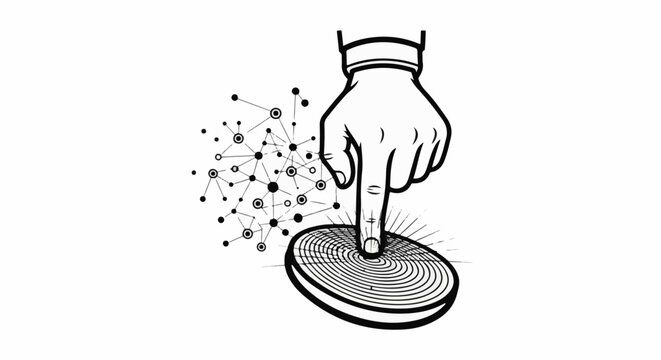 Finger presses button, activating network of connections