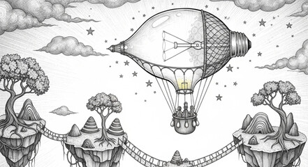 Whimsical hot air balloon shaped like a lightbulb floats over fantastical islands. © alfa