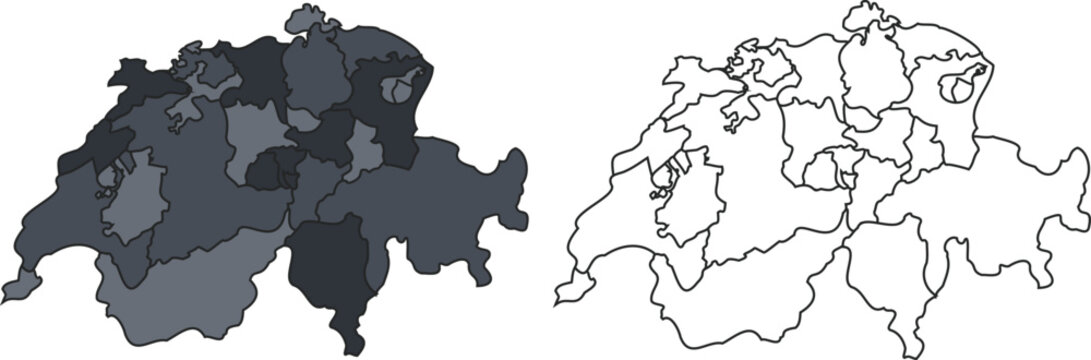 Switzerland Map Cantons Outline and Solid Shape Vector Swiss Administrative Boundaries Geographic Regions Template