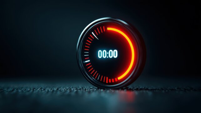 A glowing circular digital timer displays 00:00 with a red progress arc on a dark surface, symbolizing countdown or time measurement.