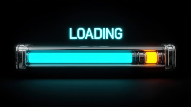 A futuristic, glowing loading bar with blue and orange segments on a dark background, indicating progress or buffering.