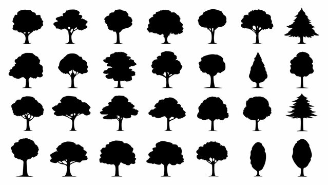 Collection of various black silhouette trees including deciduous coniferous and ornamental types