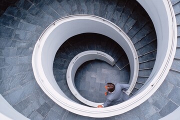 Fototapeta premium Modern Spiral Staircase with Person Descending.