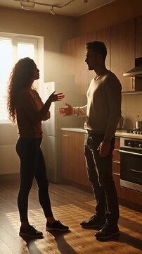 Couple having a serious conversation in the kitchen