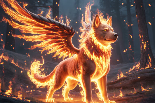Cute red fox cartoon with fiery fur standing in a forest surrounded by warm orange flames and nature