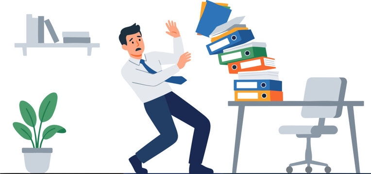 A man overwhelmed by falling binders at his office desk struggles to regain balance.