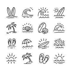 Obraz premium Hand Drawn Beach and Surfing Icons Featuring Ocean Waves Palm Trees Surfboards Sunsets Shells and Summer Vacation Elements in a Minimalist Doodle Style for Seasonal Designs