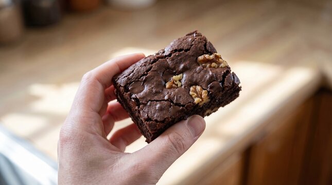 Gluten Free Bakery Snack, Healthy Gluten Free Treat, Organic Snack Bakery, Delicious Gluten-Free Brownie with Nuts in Hand