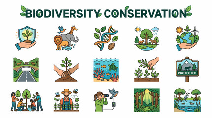 Fototapeta premium Biodiversity Conservation Icons: Nature, Wildlife, Ecology