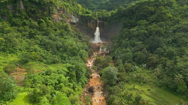 Thundering Cimarinjung Waterfall In Sukabumi Ciletuh Geopark Indonesia Drone Track In Close 4K 60FPS