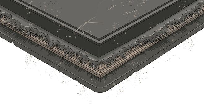 Isometric cross section of damaged asphalt road layers with cracks and debris