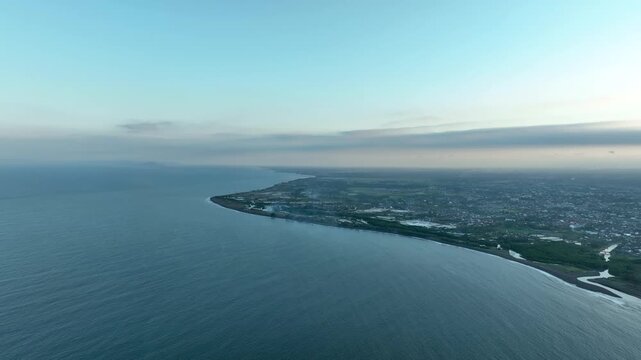 Aerial Drone Banyuwangi Coastline Indonesia Sea View Cityscape Golden Hour Bali Strait Panoramic Landscape