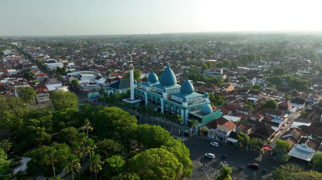 Aerial Drone Dolly In Baiturrahman Mosque Banyuwangi Indonesia Islamic Architecture City Skyline East Java Landmark