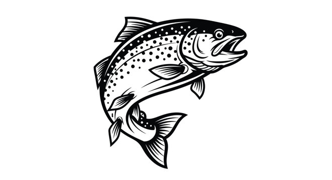 Monochrome vector illustration of a jumping trout with open mouth and spotted body