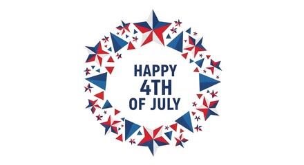 Obraz premium Happy 4th of july greeting card with a circular wreath of red, white, and blue geometric stars isolated on white background