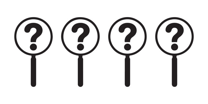 Support and help magnifying glass icons with central question marks for knowledge base and FAQ search tools.