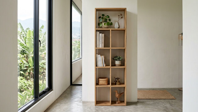 Slim vertical wooden bookshelf for narrow minimalist spaces