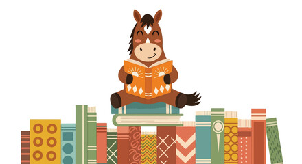 Cute little horse sitting on a tall pile of colorful books while reading with joy