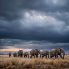 Fototapeta premium Majestic Elephant Herd Walking Under Dramatic Stormy Sky in Golden Savanna
