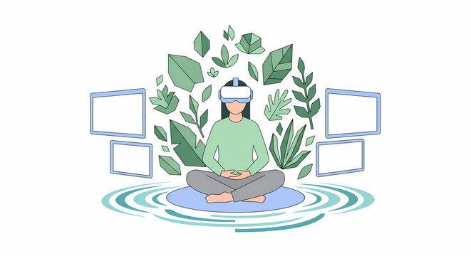 Minimalist 2D flat vector illustration of a person meditating with VR headset surrounded by geometric leaves and ripples with blank floating screens isolated on white