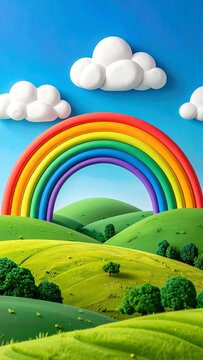 Vibrant rainbow over rolling green hills with fluffy white clouds